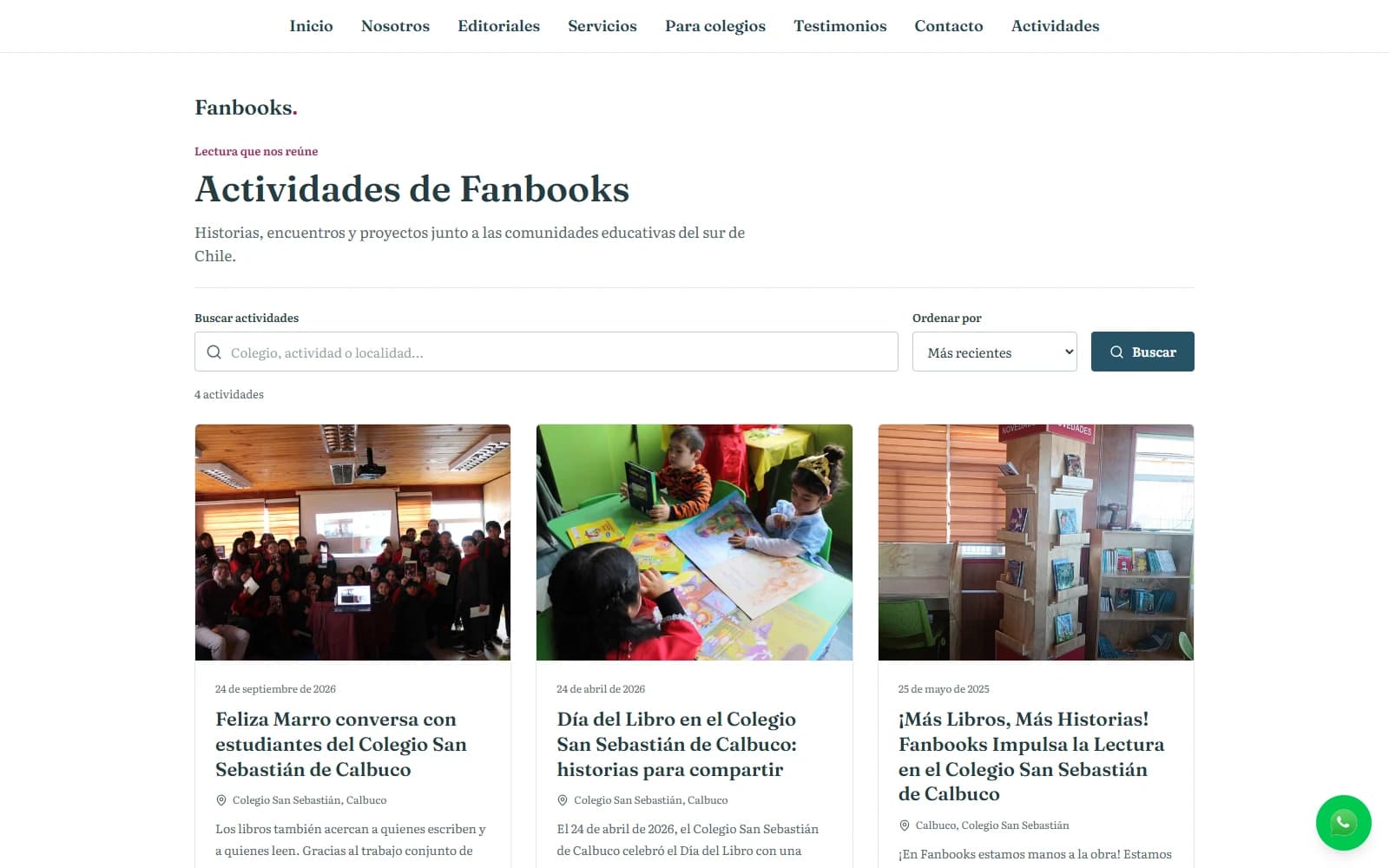 Listado actual de actividades de Fanbooks con encuentros y experiencias educativas en colegios