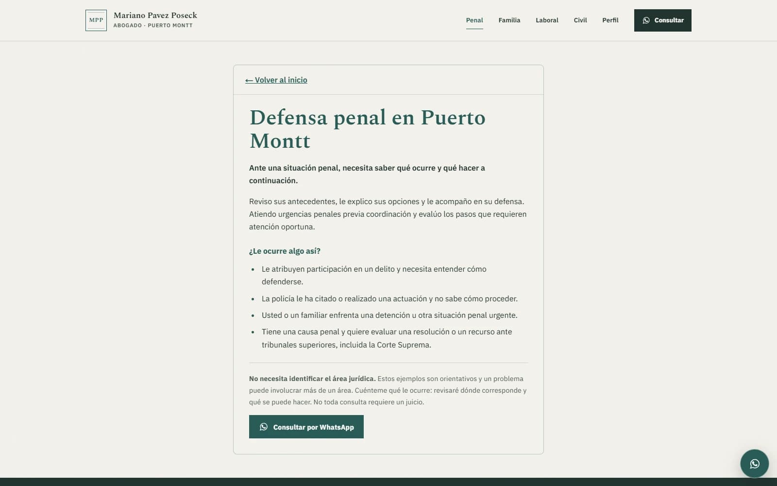 Página de defensa penal de Mariano Pavez Poseck, con los asuntos que atiende y opciones para consultar