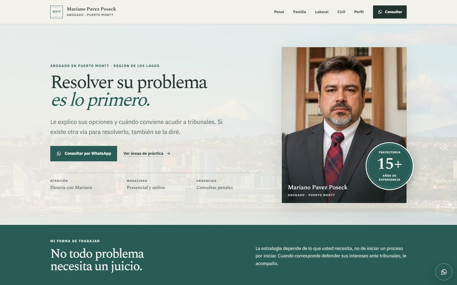 Portada del sitio de Mariano Pavez Poseck, abogado en Puerto Montt, con su presentación y acceso a consultas