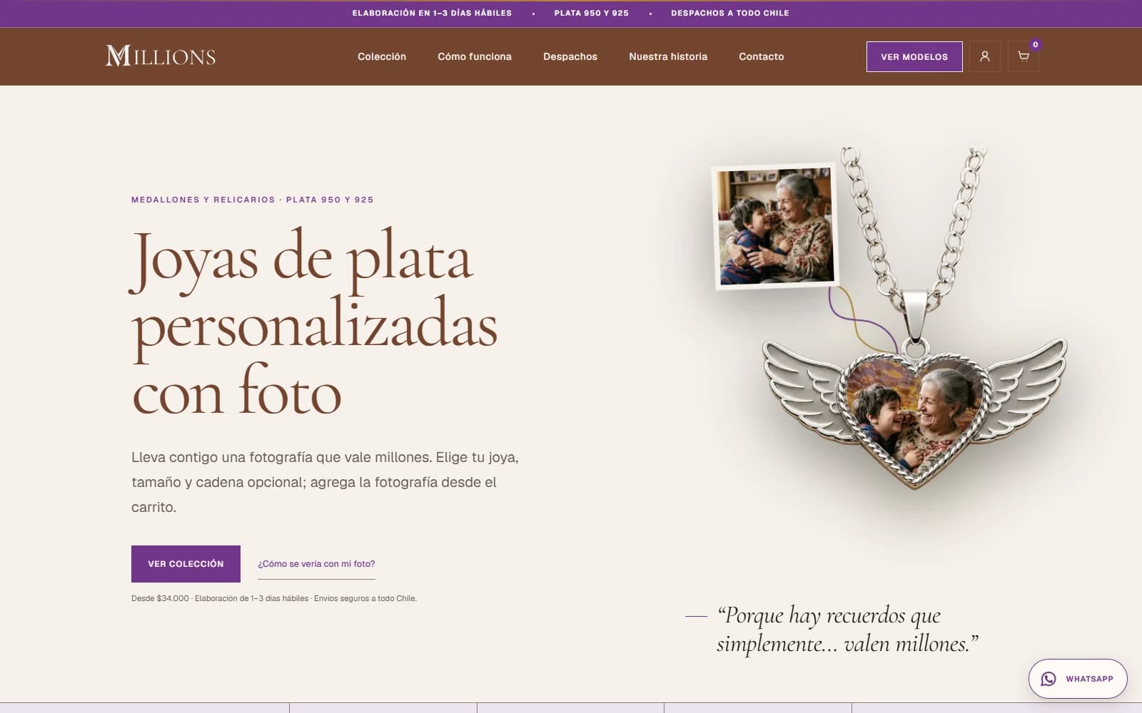 Portada actual de Millions Joyería con su propuesta de joyas de plata personalizadas con foto