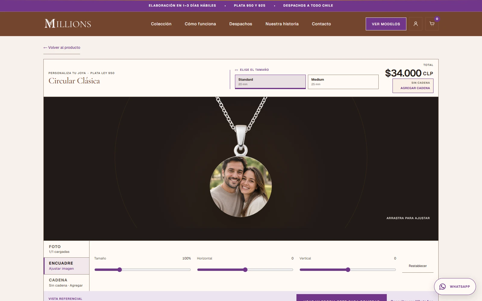 Personalizador actual de Millions Joyería para Circular Clásica, usando la foto pública de ejemplo y sus controles de encuadre