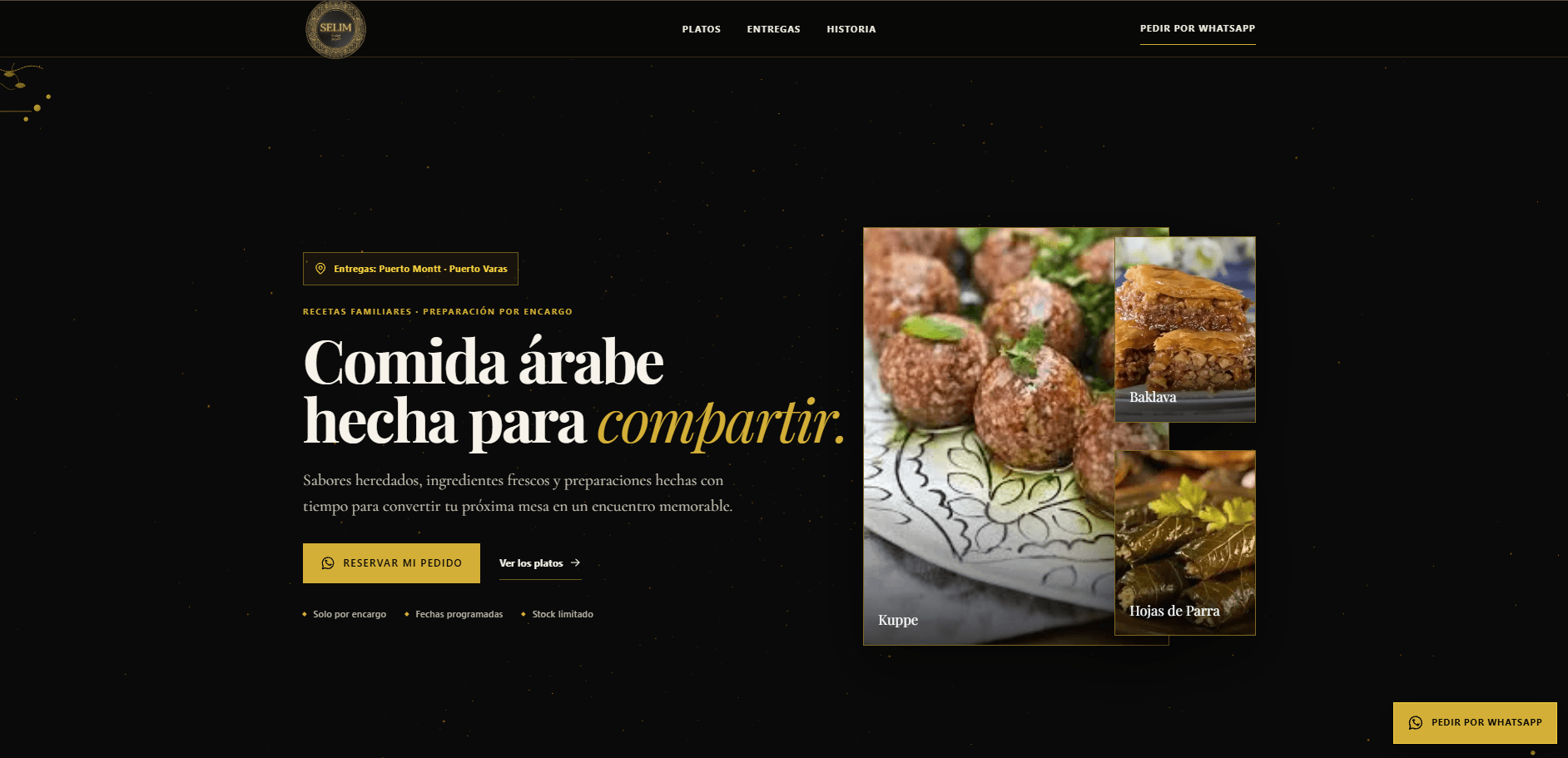 Portada de Selim con su emblema dorado y la promesa de comida árabe tradicional por encargo