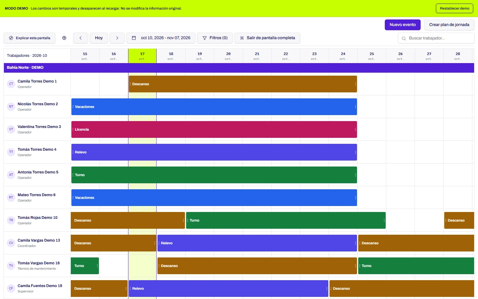 Calendario de WIMAC Turnos con jornadas y descansos por trabajador e instalación, usando datos sintéticos