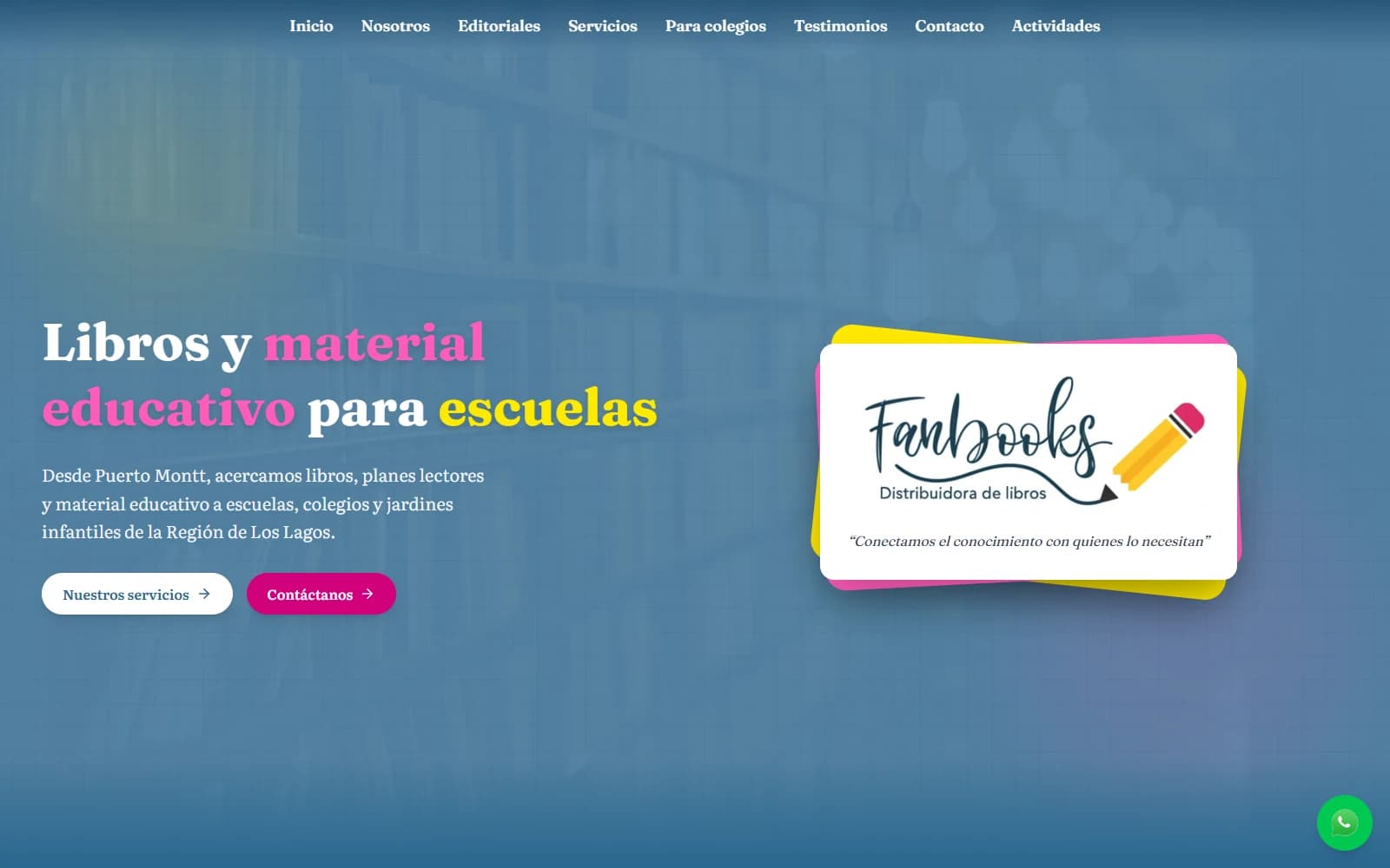 Portada de Fanbooks con su propuesta de distribución de material educativo y accesos a servicios y contacto